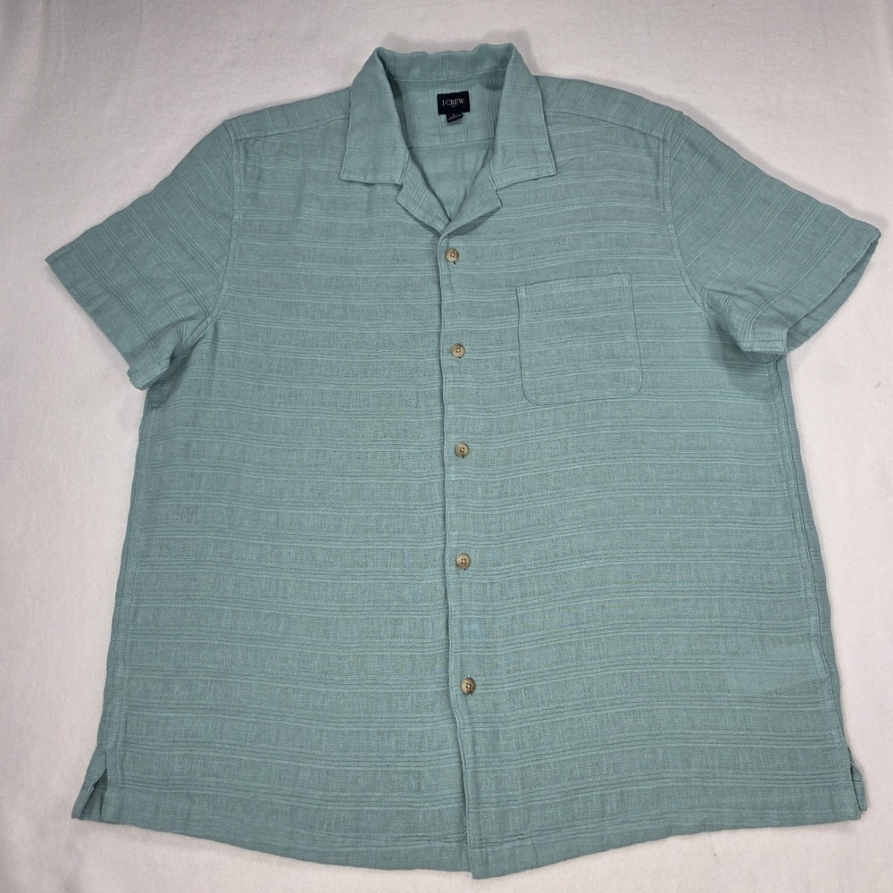 J Crew Mens Shirt Large Blue Green Linen Blend Button Up Resort Wear Breezy